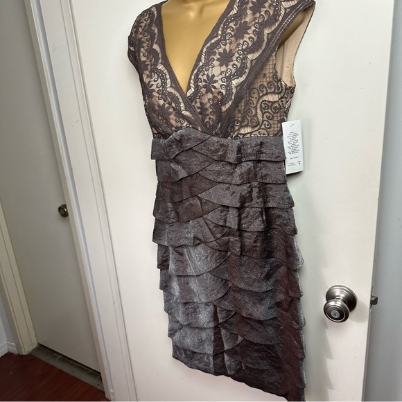 Adrianna Papell Brown Embroidered Floral Overlay Top Shimmer Tiered Dress NWT 6 - Picture 2 of 15